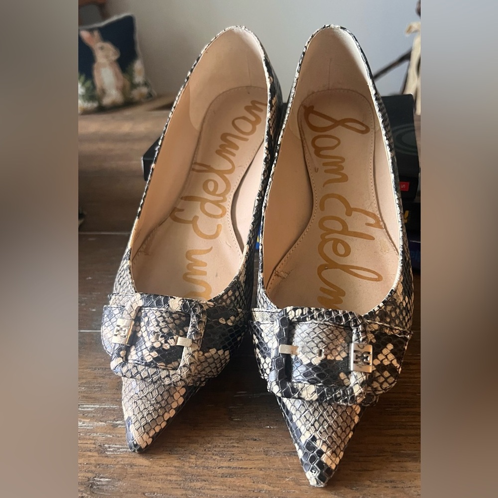 Sam Edelman Women's Snake-Print Pointed Toe Flats in Black/Tan